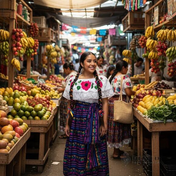 Mexican 3 piece set Blouse Cambaya skirt elastic waist and belt or mini rebozo - Picture 2 of 9